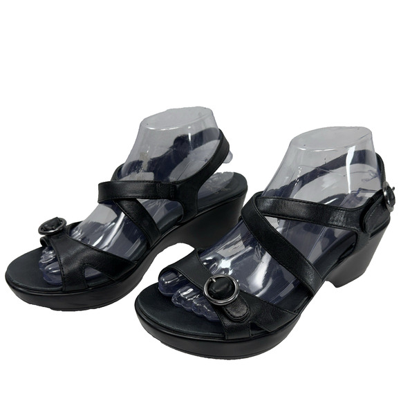 Danko Sandals Black Leather Julie Strappy Wedge Casual Comfort Open Size 8.5-9 - Picture 1 of 10